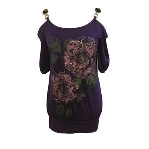 NEW Juniors Rhapsody Purple Off the Cold Shoulder Floral Knit Top Chain Straps M